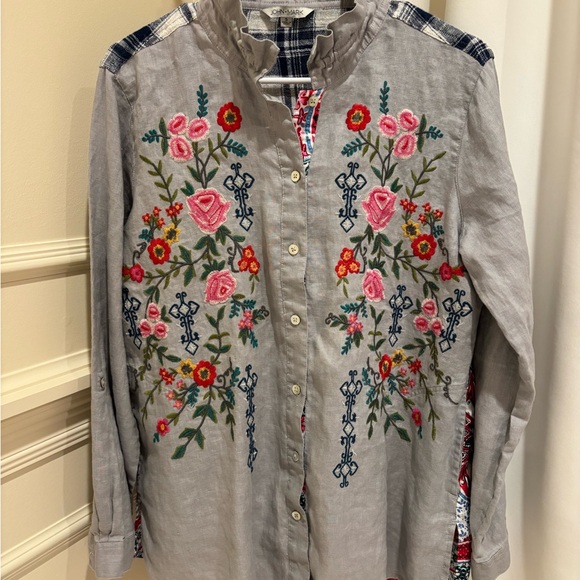 John Mark Floral Embroidered High Neck Collar Navy Plaid Button Down Shirt - Picture 2 of 12